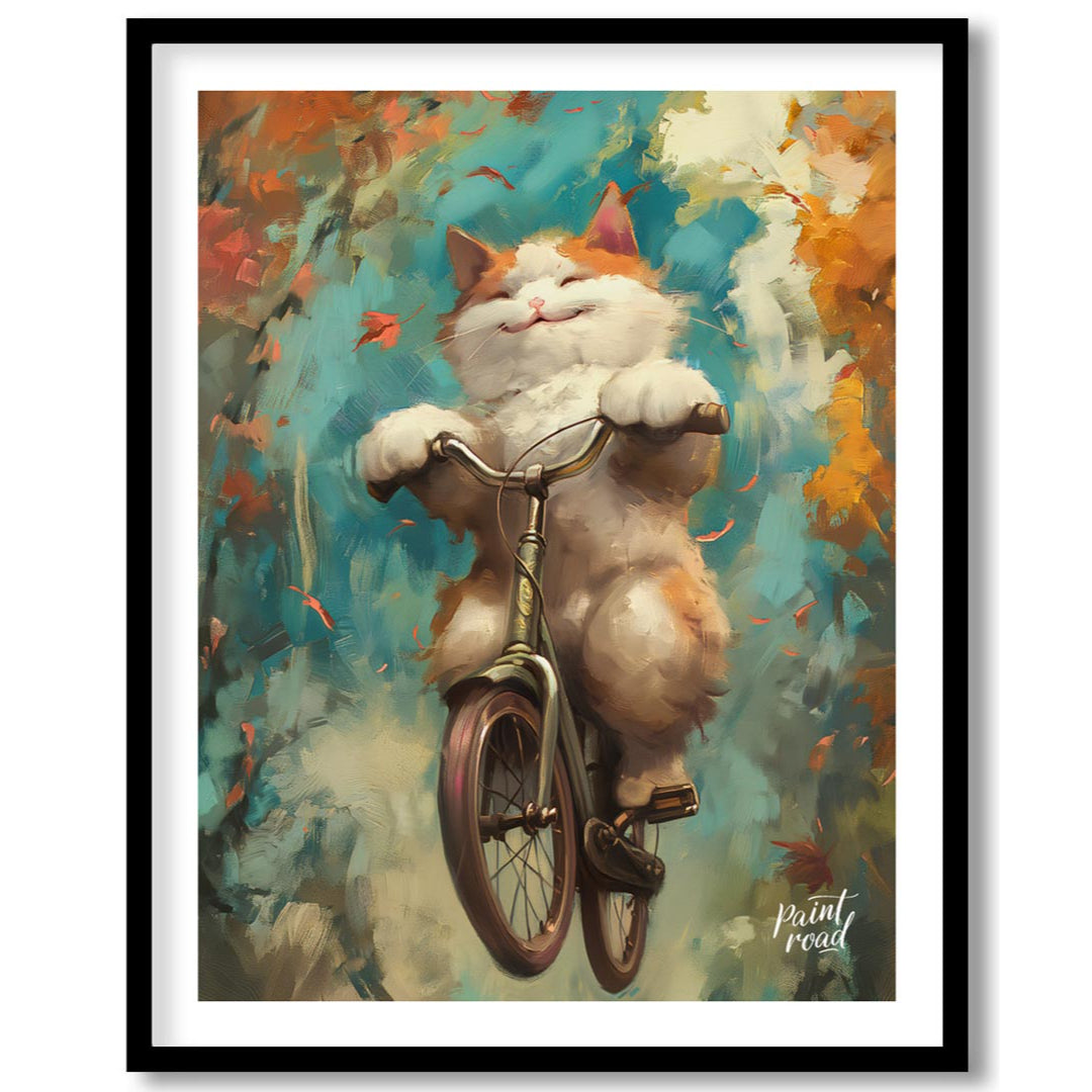 This vibrant digital painting captures a cheerful, fluffy white and ginger cat happily riding a bic… for place