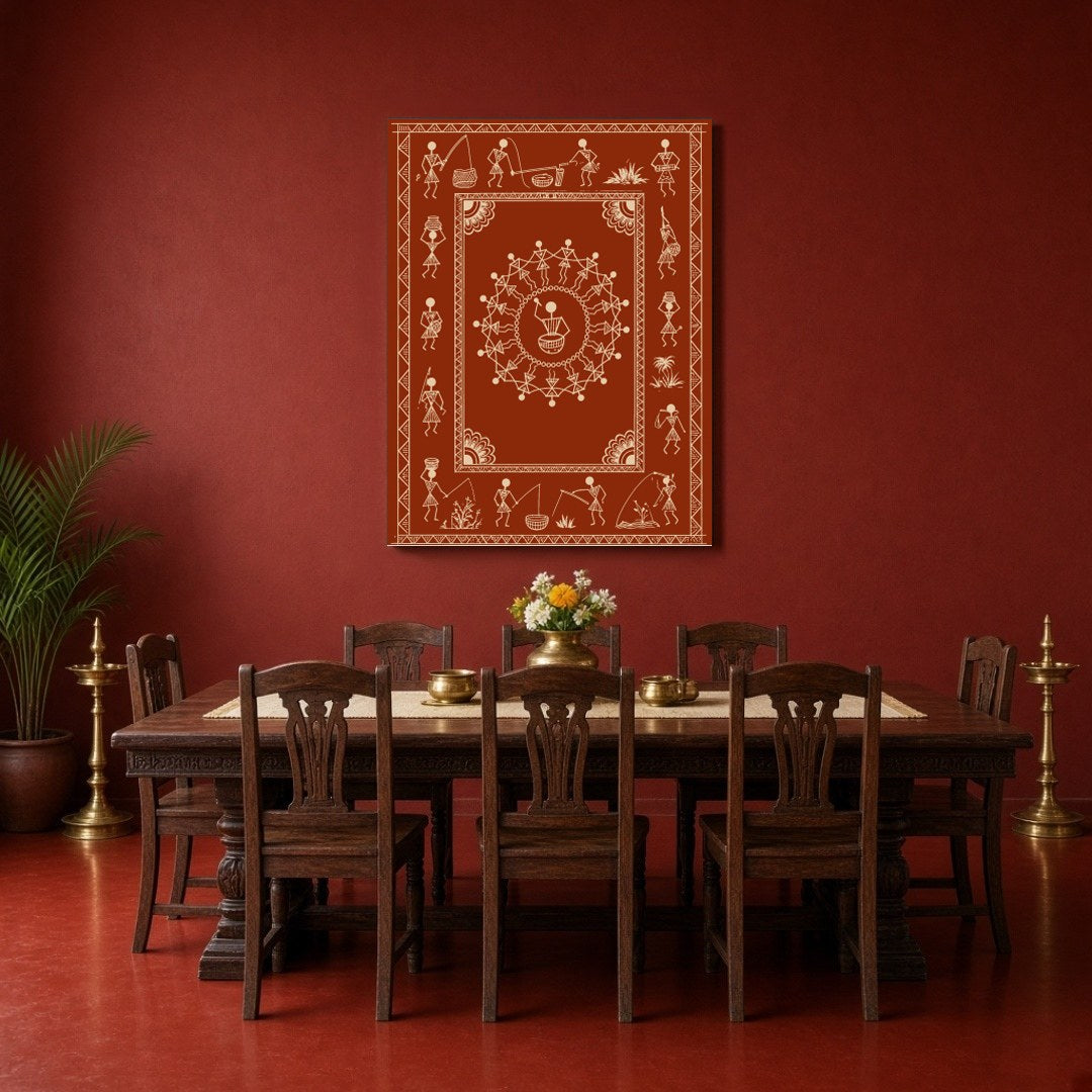 Experience the vibrant rhythm of tribal life with this stunning Warli art piece. Depicting a for Dining