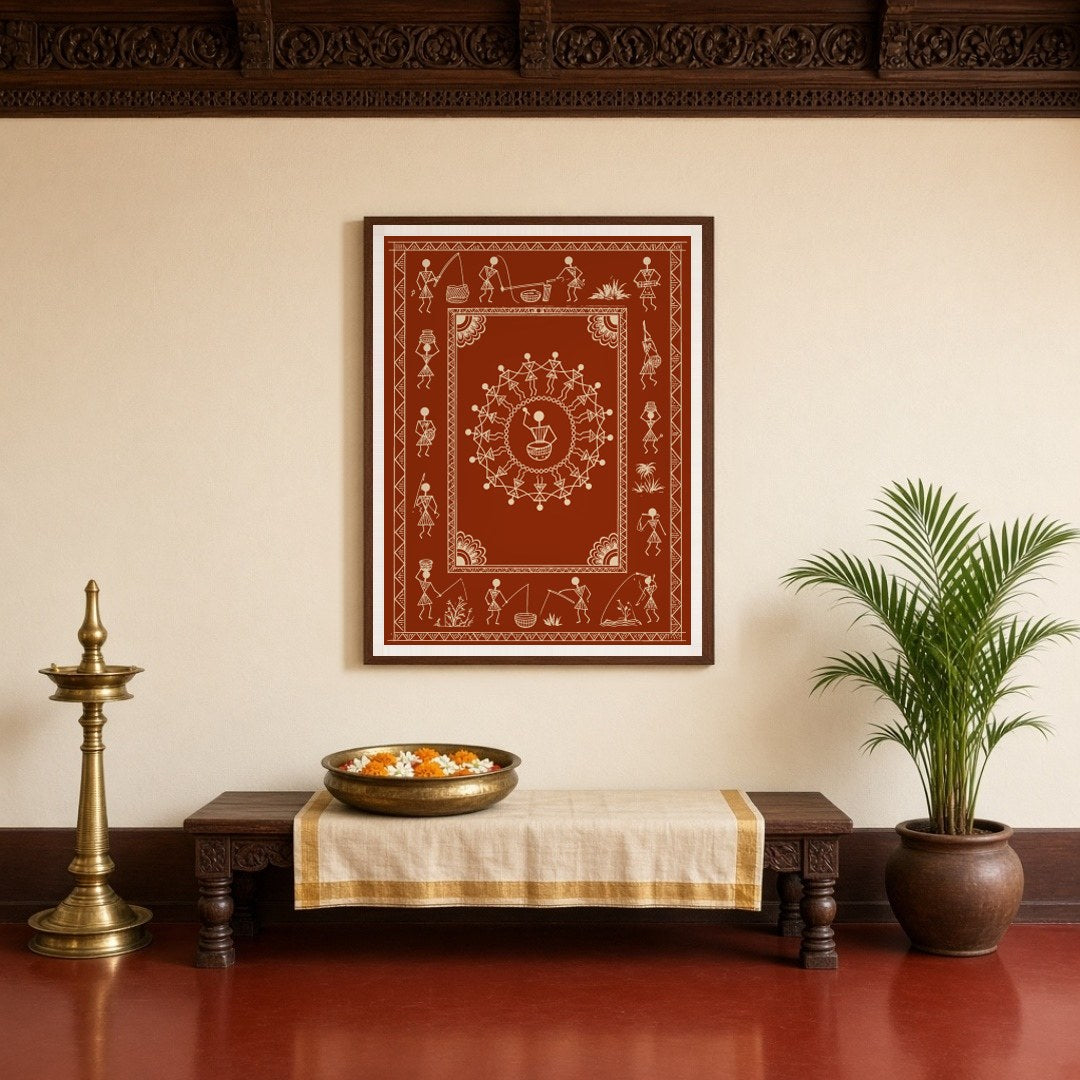 Experience the vibrant rhythm of tribal life with this stunning Warli art piece. Depicting a for Entrance