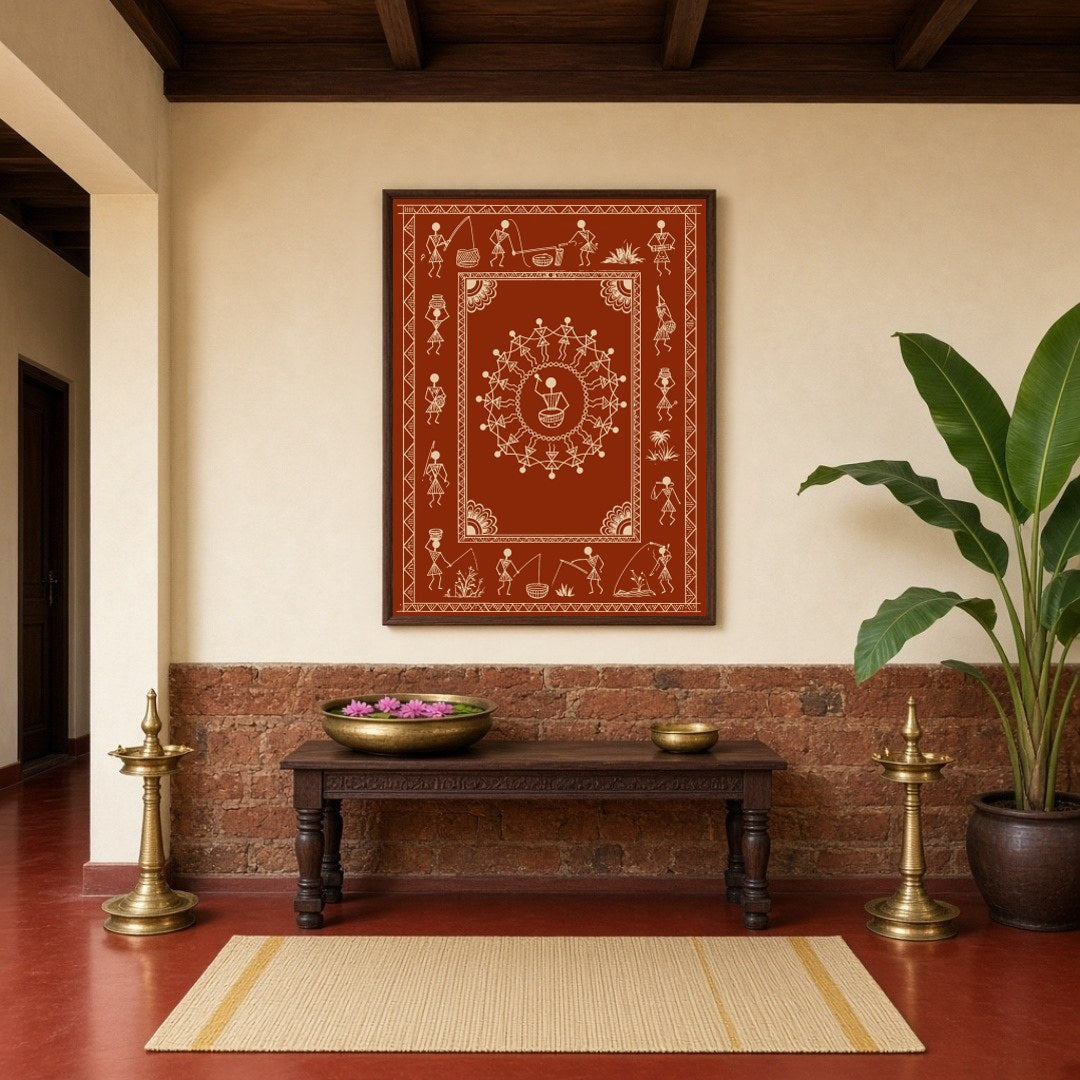 Experience the vibrant rhythm of tribal life with this stunning Warli art piece. Depicting a for Hallway