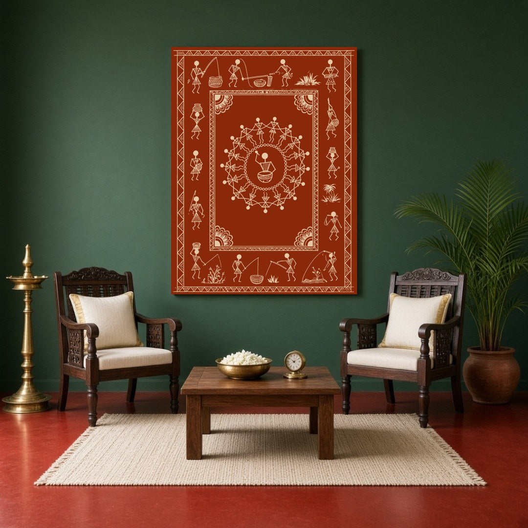 Experience the vibrant rhythm of tribal life with this stunning Warli art piece. Depicting a for Sitting Area