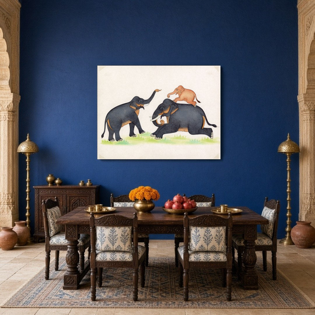 Immerse yourself in the playful elegance of Indian wildlife with this captivating artwork for Dining