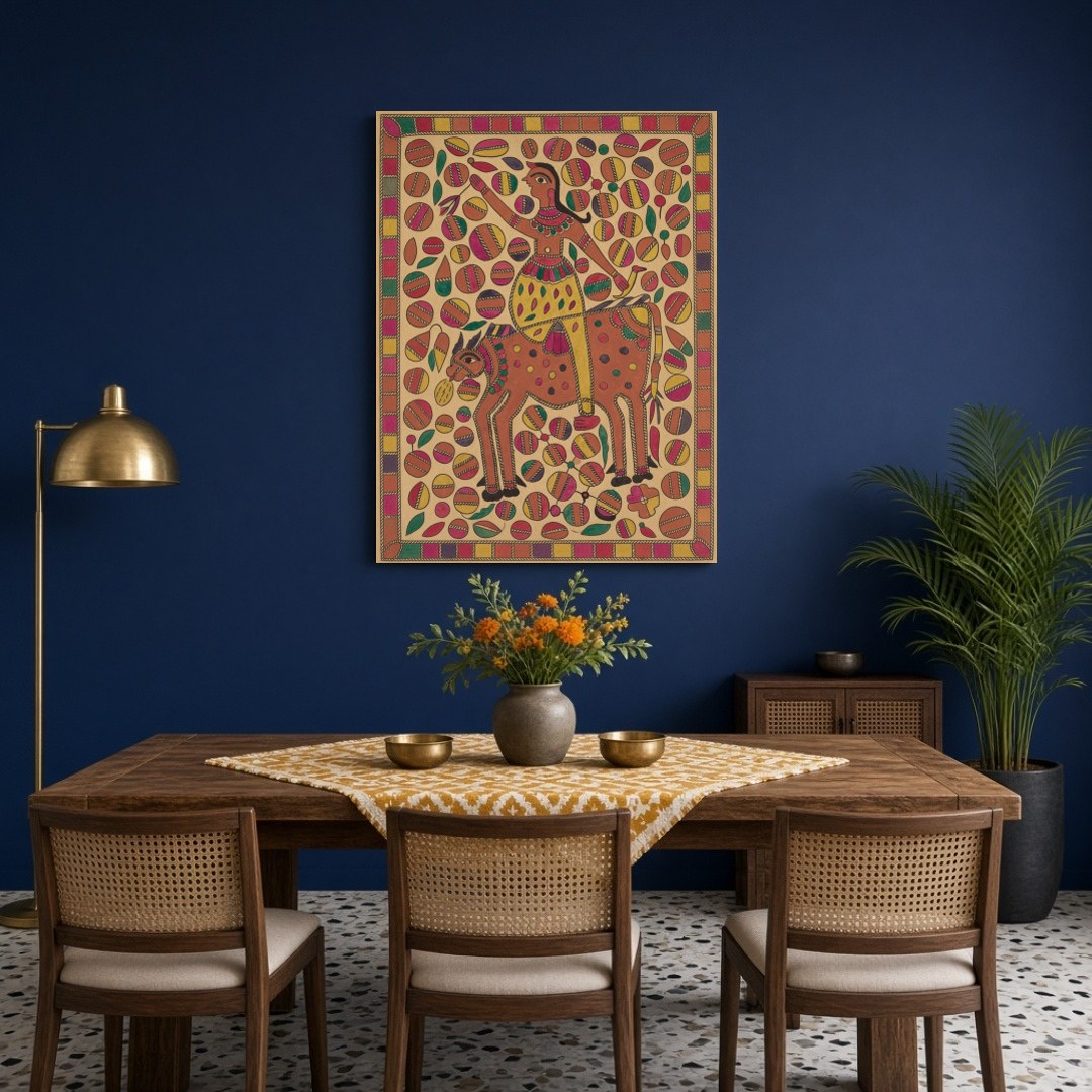 Immerse yourself in the vibrant world of Madhubani art with this lively depiction of a rider atop a for Dining