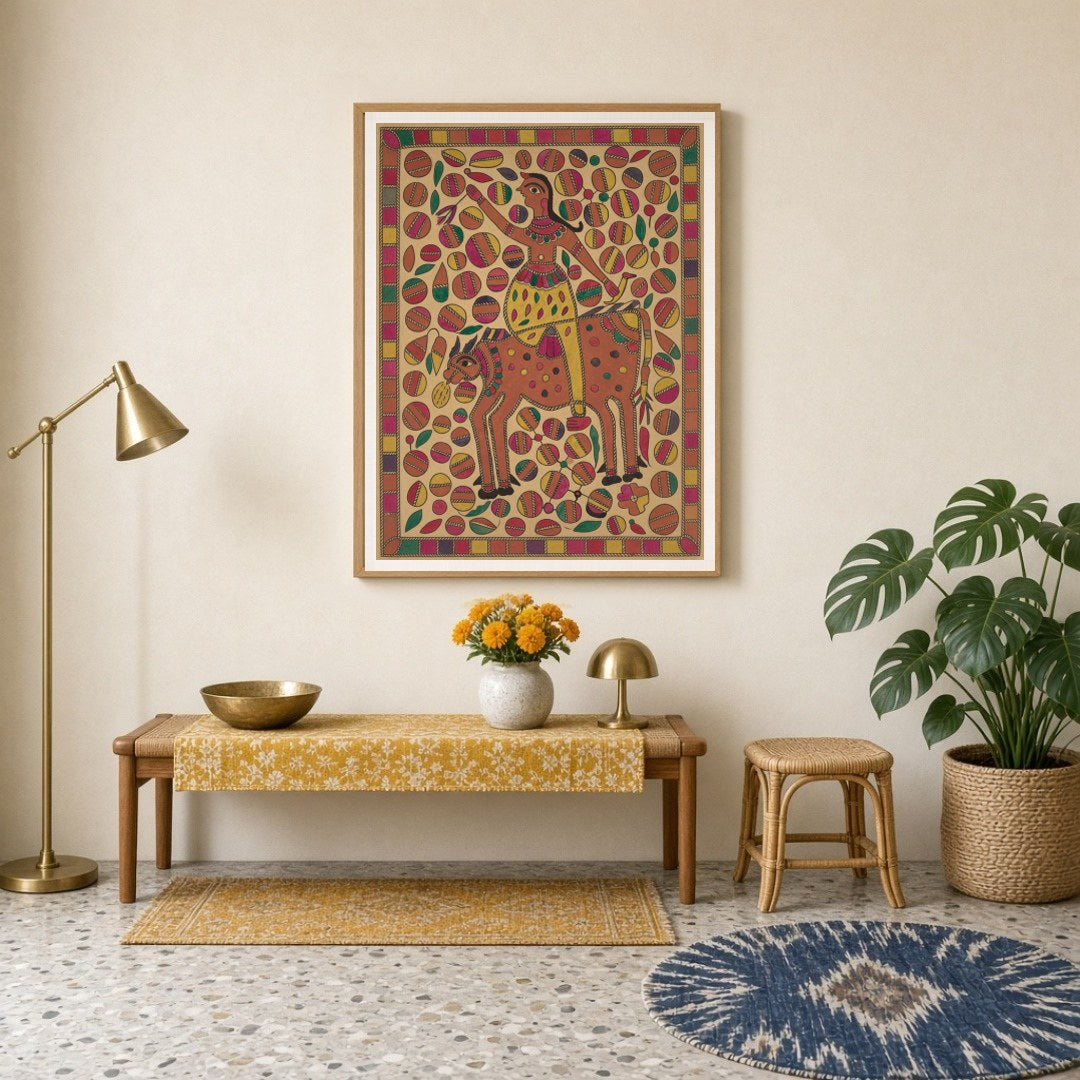 Immerse yourself in the vibrant world of Madhubani art with this lively depiction of a rider atop a for Entrance