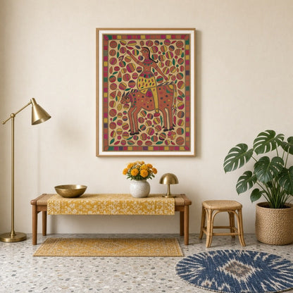 Immerse yourself in the vibrant world of Madhubani art with this lively depiction of a rider atop a for Entrance