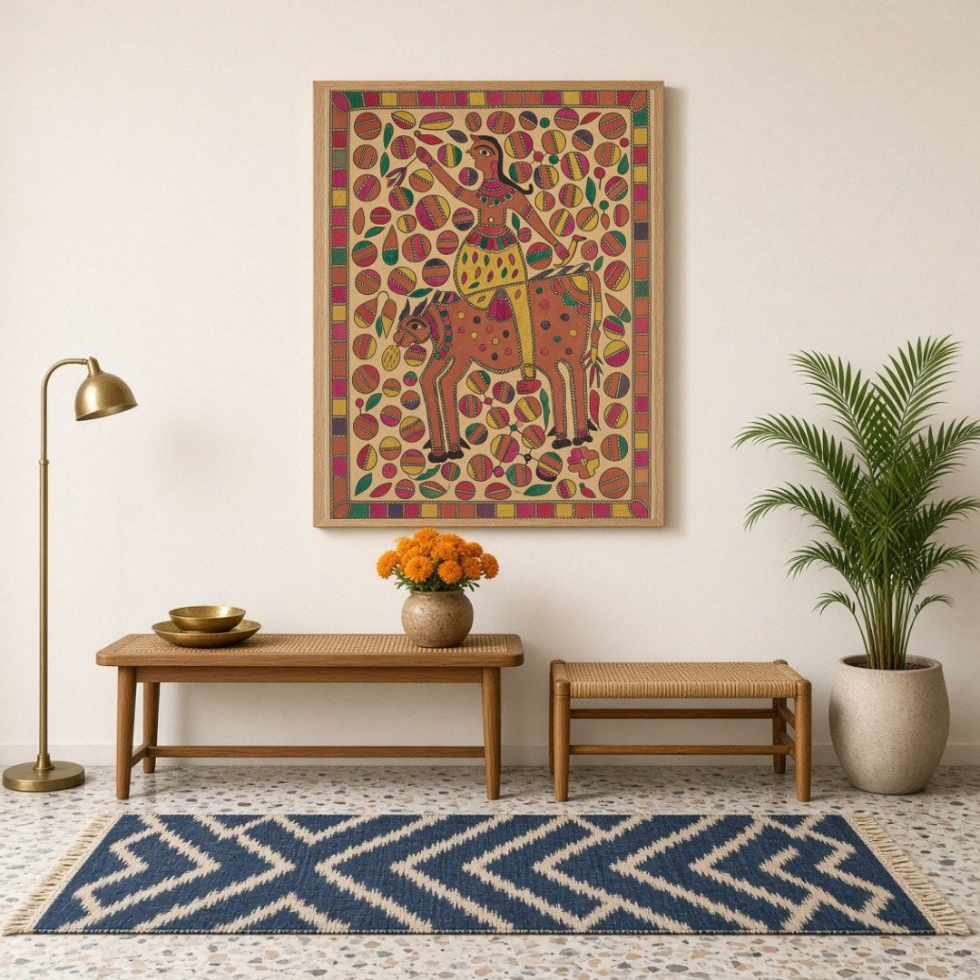 Immerse yourself in the vibrant world of Madhubani art with this lively depiction of a rider atop a for Hallway