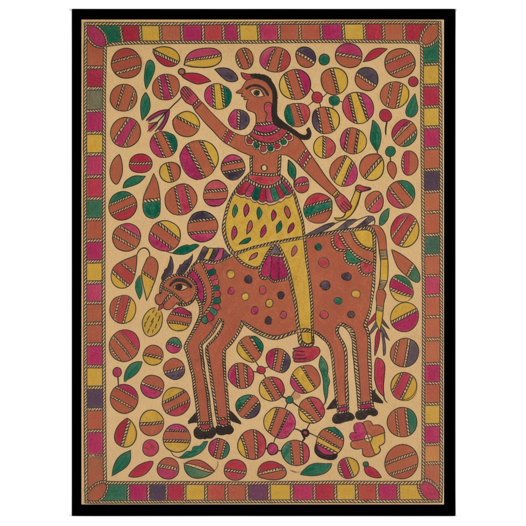 Immerse yourself in the vibrant world of Madhubani art with this lively depiction of a rider atop a for haven