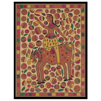 Immerse yourself in the vibrant world of Madhubani art with this lively depiction of a rider atop a for haven