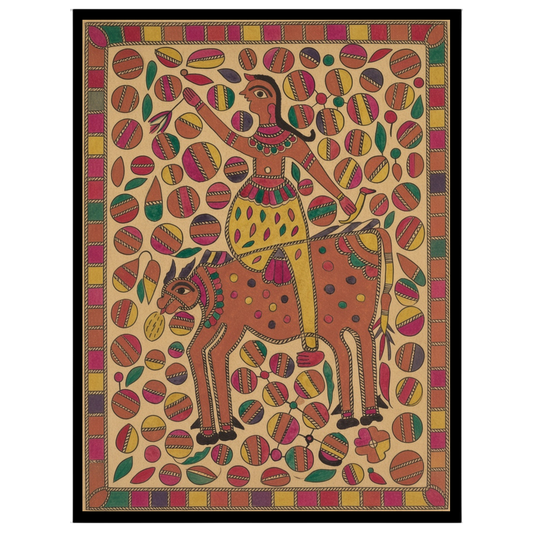 Immerse yourself in the vibrant world of Madhubani art with this lively depiction of a rider atop a for haven