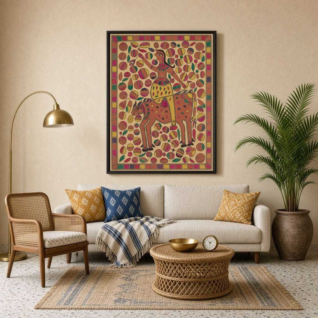 Immerse yourself in the vibrant world of Madhubani art with this lively depiction of a rider atop a for Living Room