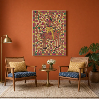 Immerse yourself in the vibrant world of Madhubani art with this lively depiction of a rider atop a for Sitting Area
