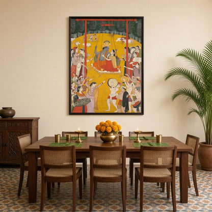 Immerse yourself in the joyous harmony of Radha and Krishna's swinging celebration, depicted in for Dining