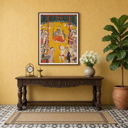 Immerse yourself in the joyous harmony of Radha and Krishna's swinging celebration, depicted in for Entrance
