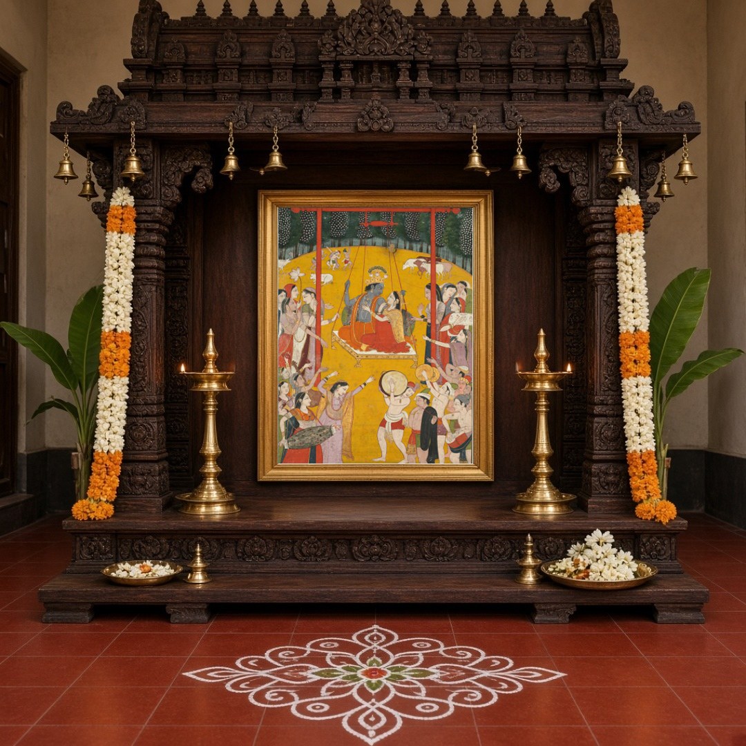 Immerse yourself in the joyous harmony of Radha and Krishna's swinging celebration, depicted in for Home Temple