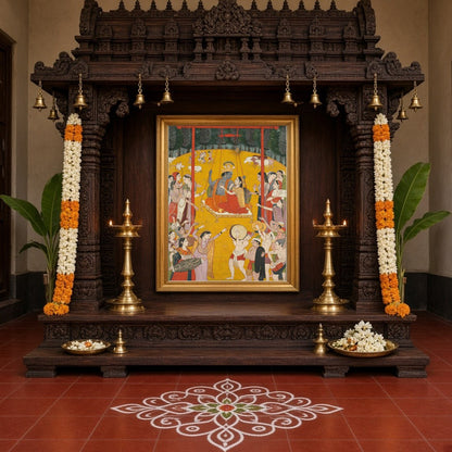 Immerse yourself in the joyous harmony of Radha and Krishna's swinging celebration, depicted in for Home Temple
