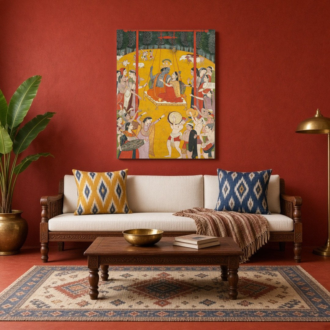 Immerse yourself in the joyous harmony of Radha and Krishna's swinging celebration, depicted in for Living Room