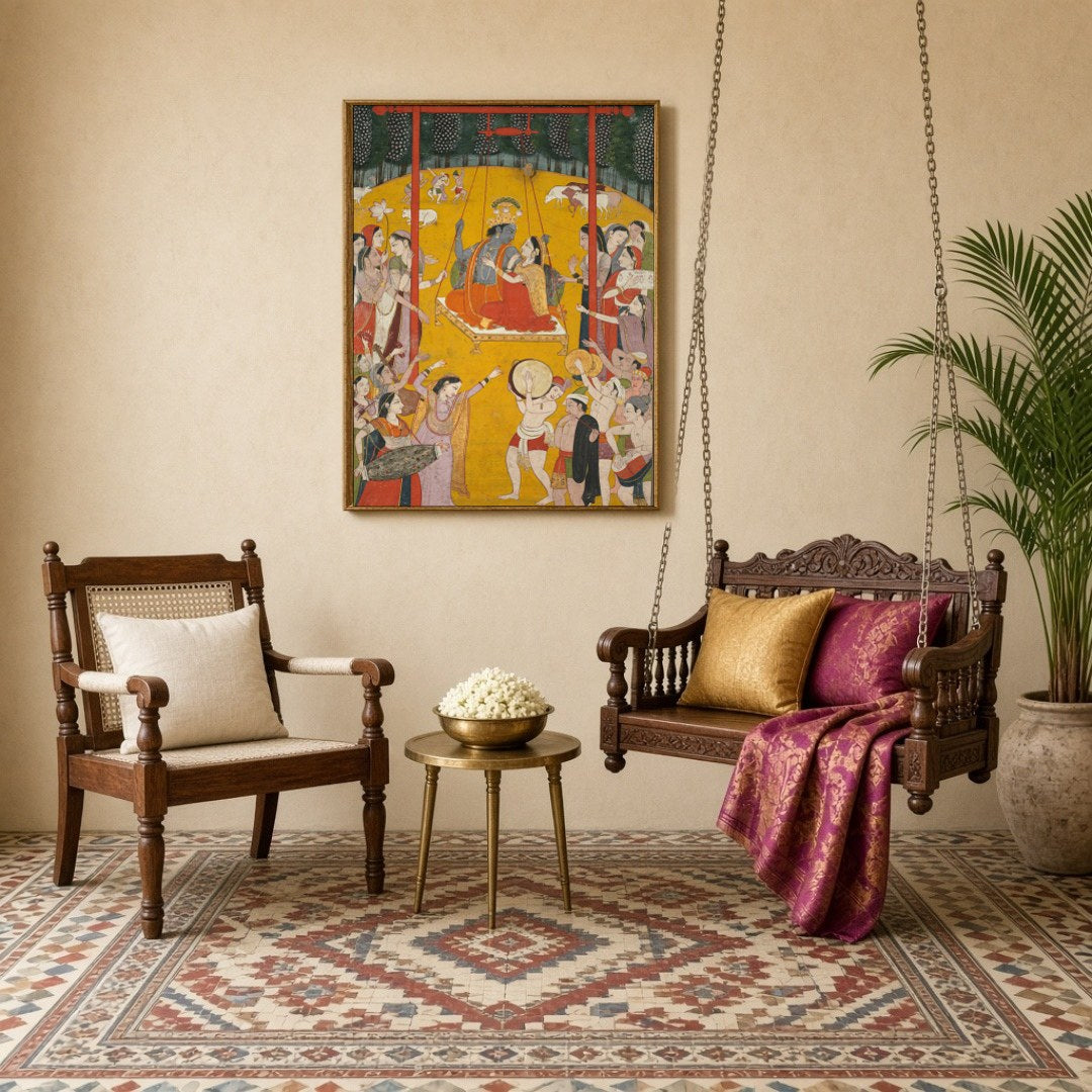 Immerse yourself in the joyous harmony of Radha and Krishna's swinging celebration, depicted in for Sitting Lounge
