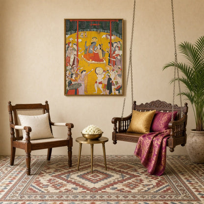 Immerse yourself in the joyous harmony of Radha and Krishna's swinging celebration, depicted in for Sitting Lounge