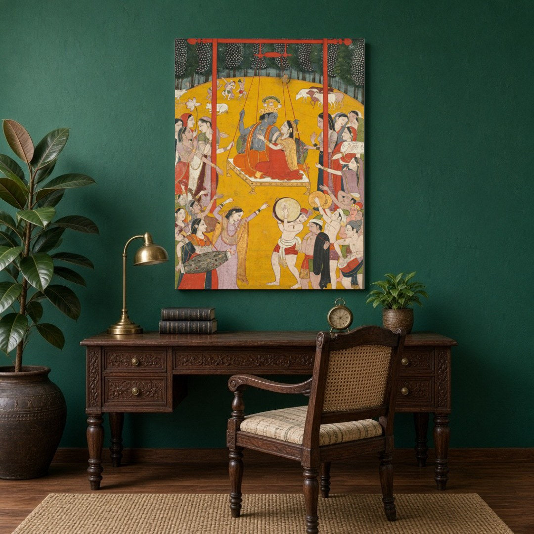Immerse yourself in the joyous harmony of Radha and Krishna's swinging celebration, depicted in for Study