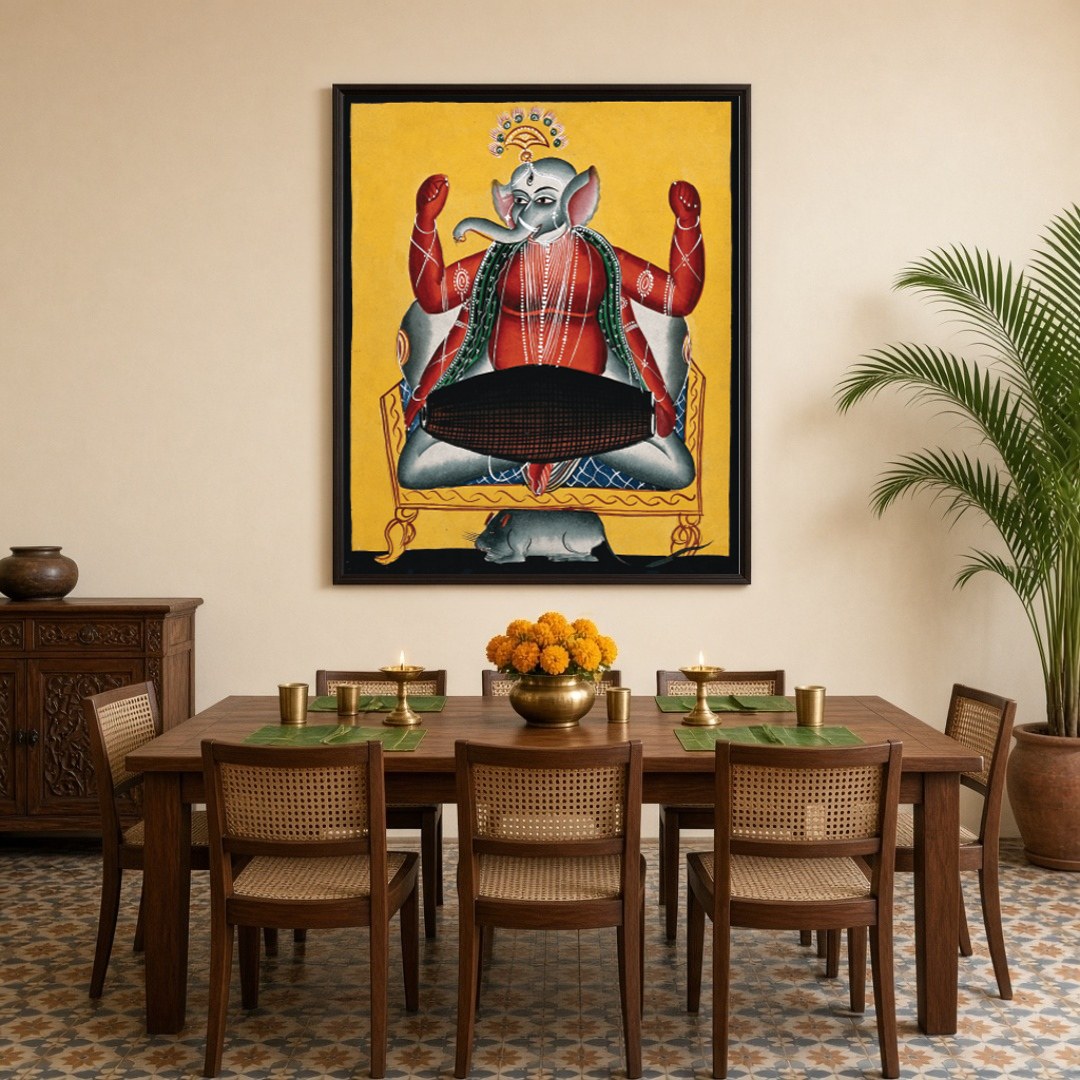 Celebrate the divine rhythm with this striking Kalighat artwork featuring Lord Ganesha joyously for Dining