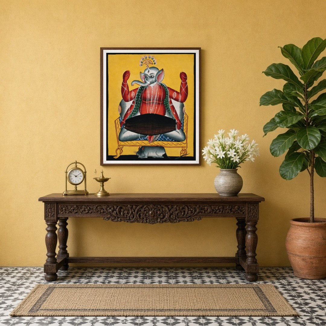 Celebrate the divine rhythm with this striking Kalighat artwork featuring Lord Ganesha joyously for Entrance
