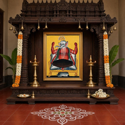 Celebrate the divine rhythm with this striking Kalighat artwork featuring Lord Ganesha joyously for Home Temple