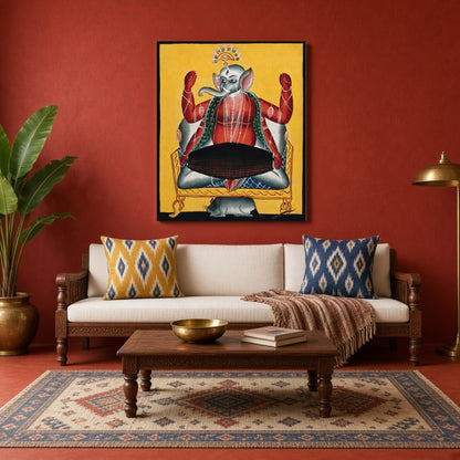 Celebrate the divine rhythm with this striking Kalighat artwork featuring Lord Ganesha joyously for Living Room