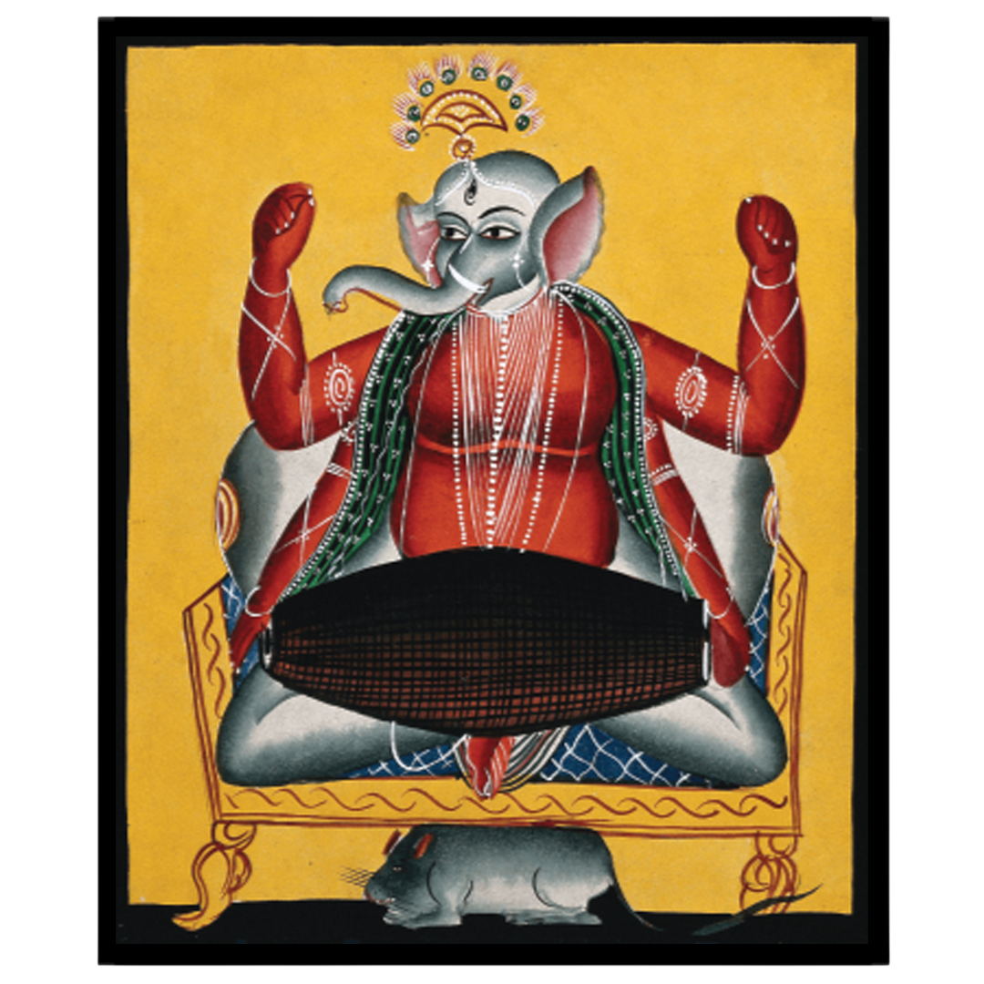Celebrate the divine rhythm with this striking Kalighat artwork featuring Lord Ganesha joyously for room