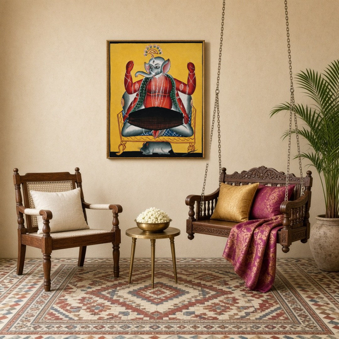Celebrate the divine rhythm with this striking Kalighat artwork featuring Lord Ganesha joyously for Sitting Lounge