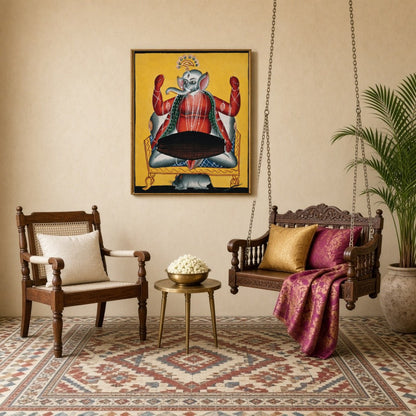 Celebrate the divine rhythm with this striking Kalighat artwork featuring Lord Ganesha joyously for Sitting Lounge