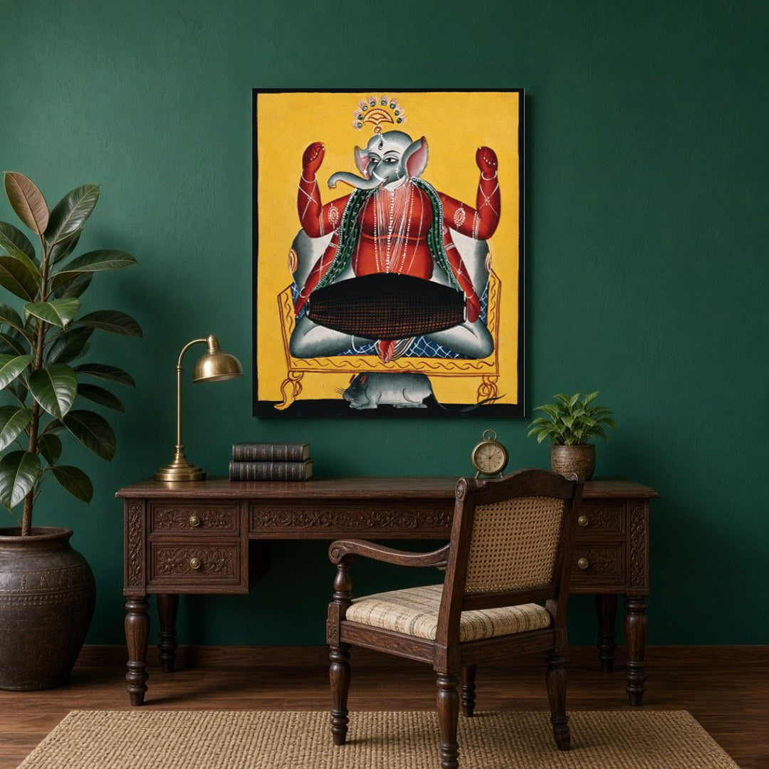Celebrate the divine rhythm with this striking Kalighat artwork featuring Lord Ganesha joyously for Study