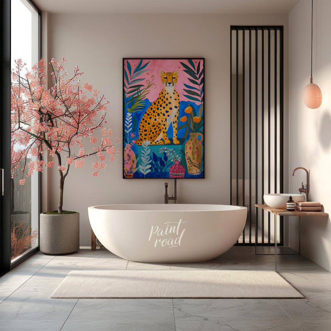 "Jungle Cheetah" presents a vibrant, stylized painting of a cheetah seated amidst lush, colorful fo… for bathroom