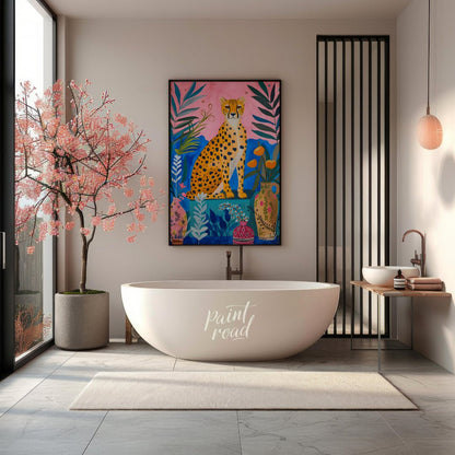 "Jungle Cheetah" presents a vibrant, stylized painting of a cheetah seated amidst lush, colorful fo… for bathroom