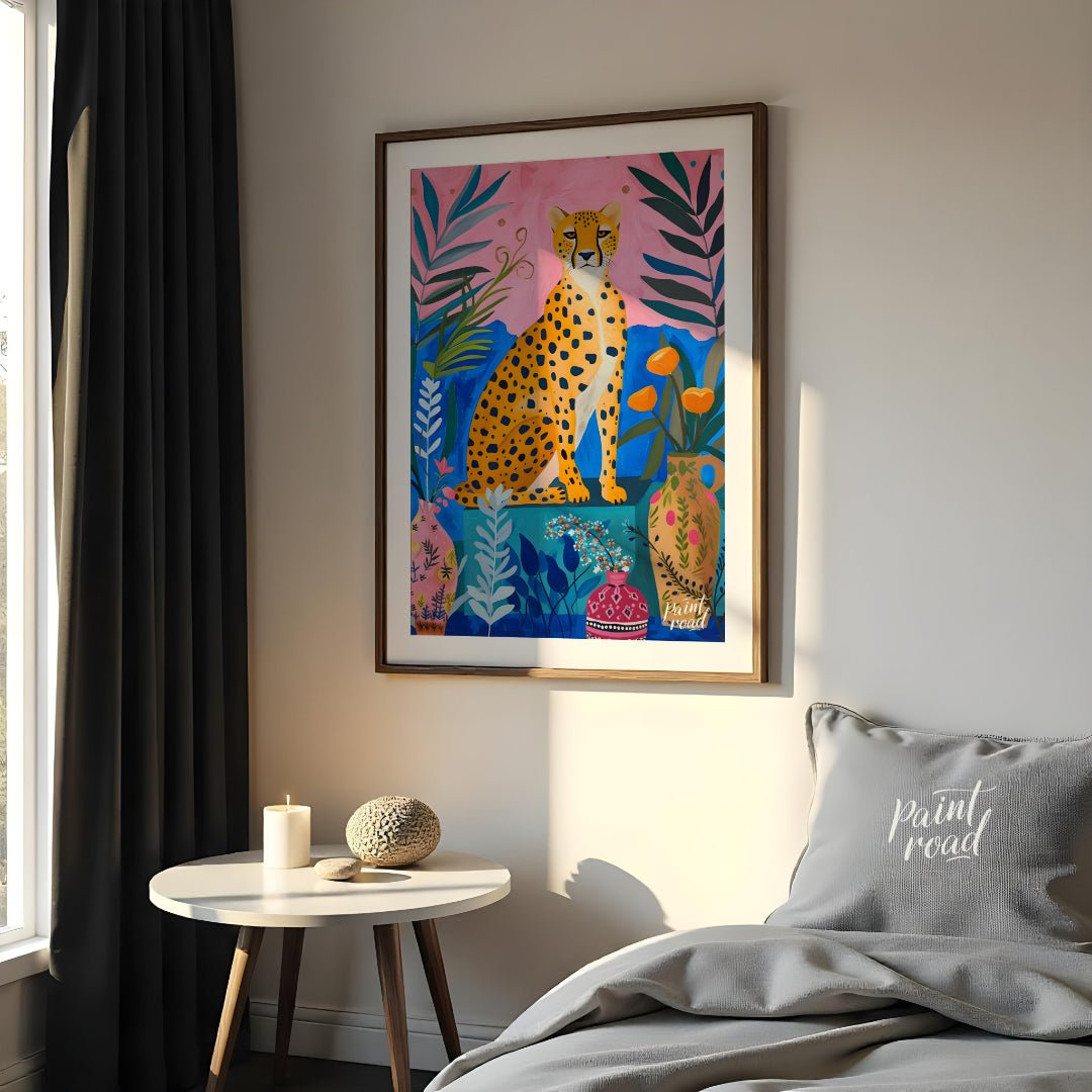 "Jungle Cheetah" presents a vibrant, stylized painting of a cheetah seated amidst lush, colorful fo… for bedroom