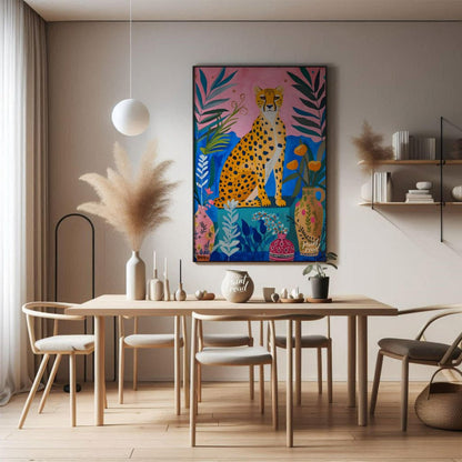 "Jungle Cheetah" presents a vibrant, stylized painting of a cheetah seated amidst lush, colorful fo… for dining room
