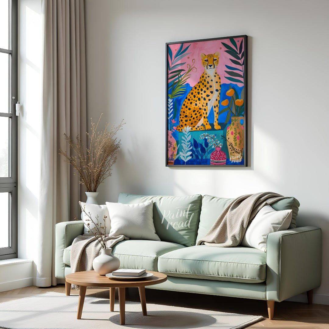 "Jungle Cheetah" presents a vibrant, stylized painting of a cheetah seated amidst lush, colorful fo… for living room