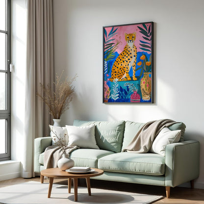 "Jungle Cheetah" presents a vibrant, stylized painting of a cheetah seated amidst lush, colorful fo… for living room
