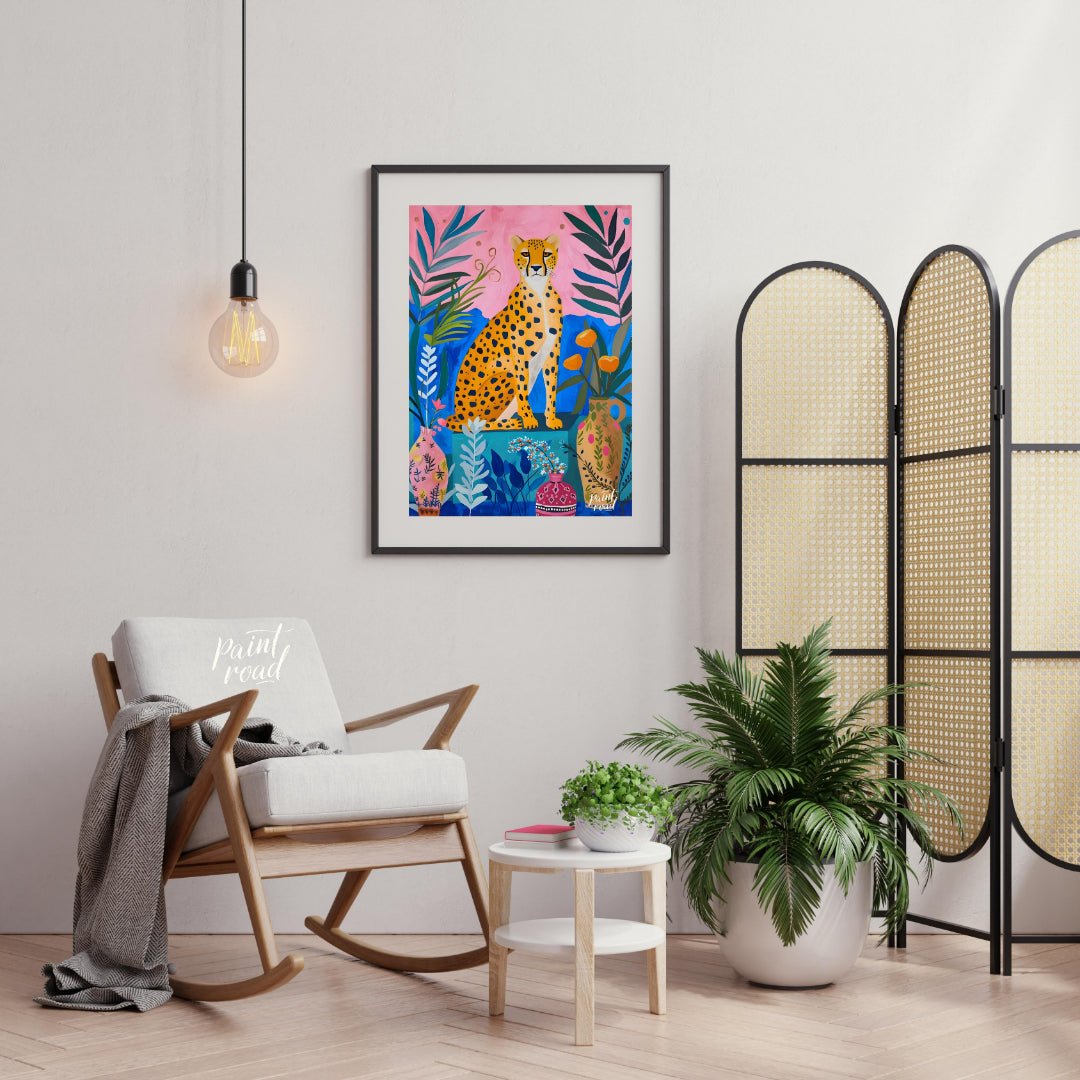 "Jungle Cheetah" presents a vibrant, stylized painting of a cheetah seated amidst lush, colorful fo… for living room