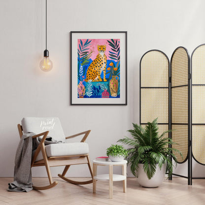 "Jungle Cheetah" presents a vibrant, stylized painting of a cheetah seated amidst lush, colorful fo… for living room