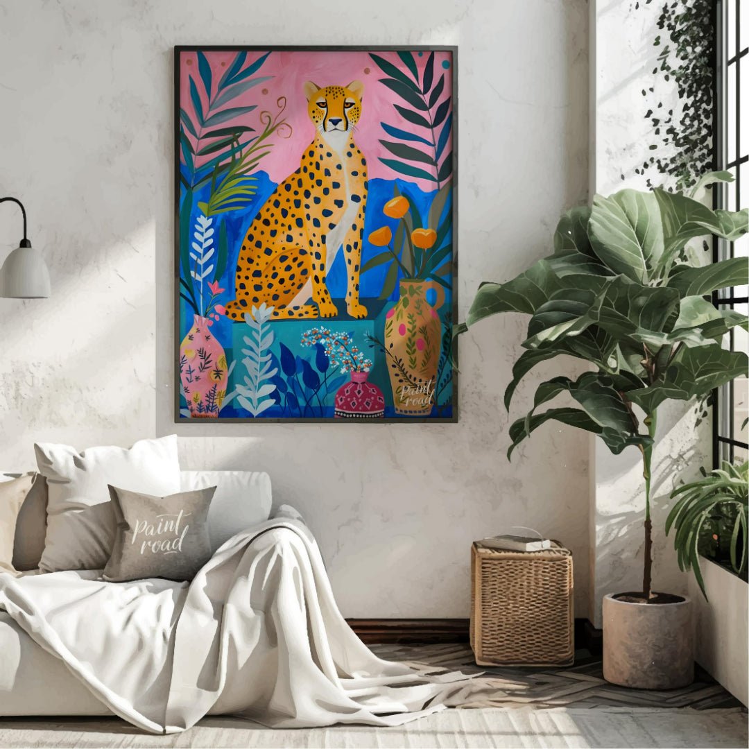 "Jungle Cheetah" presents a vibrant, stylized painting of a cheetah seated amidst lush, colorful fo… for living room