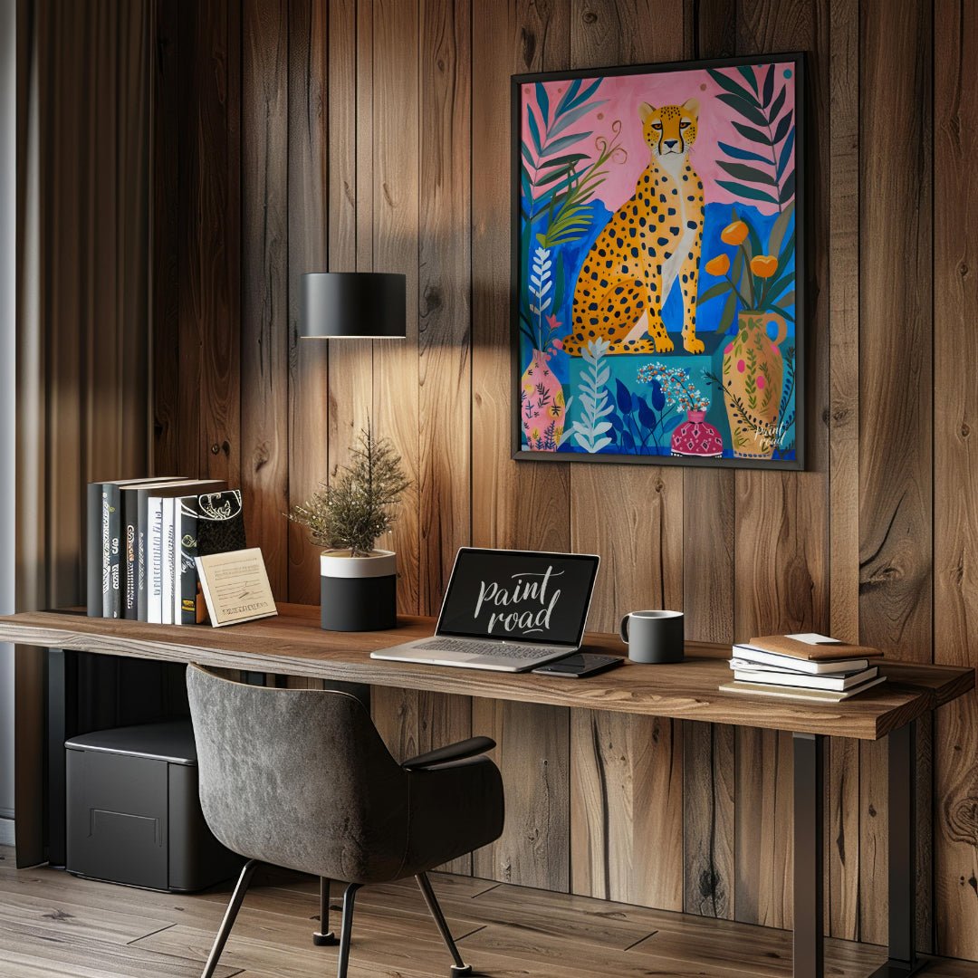 "Jungle Cheetah" presents a vibrant, stylized painting of a cheetah seated amidst lush, colorful fo… for office