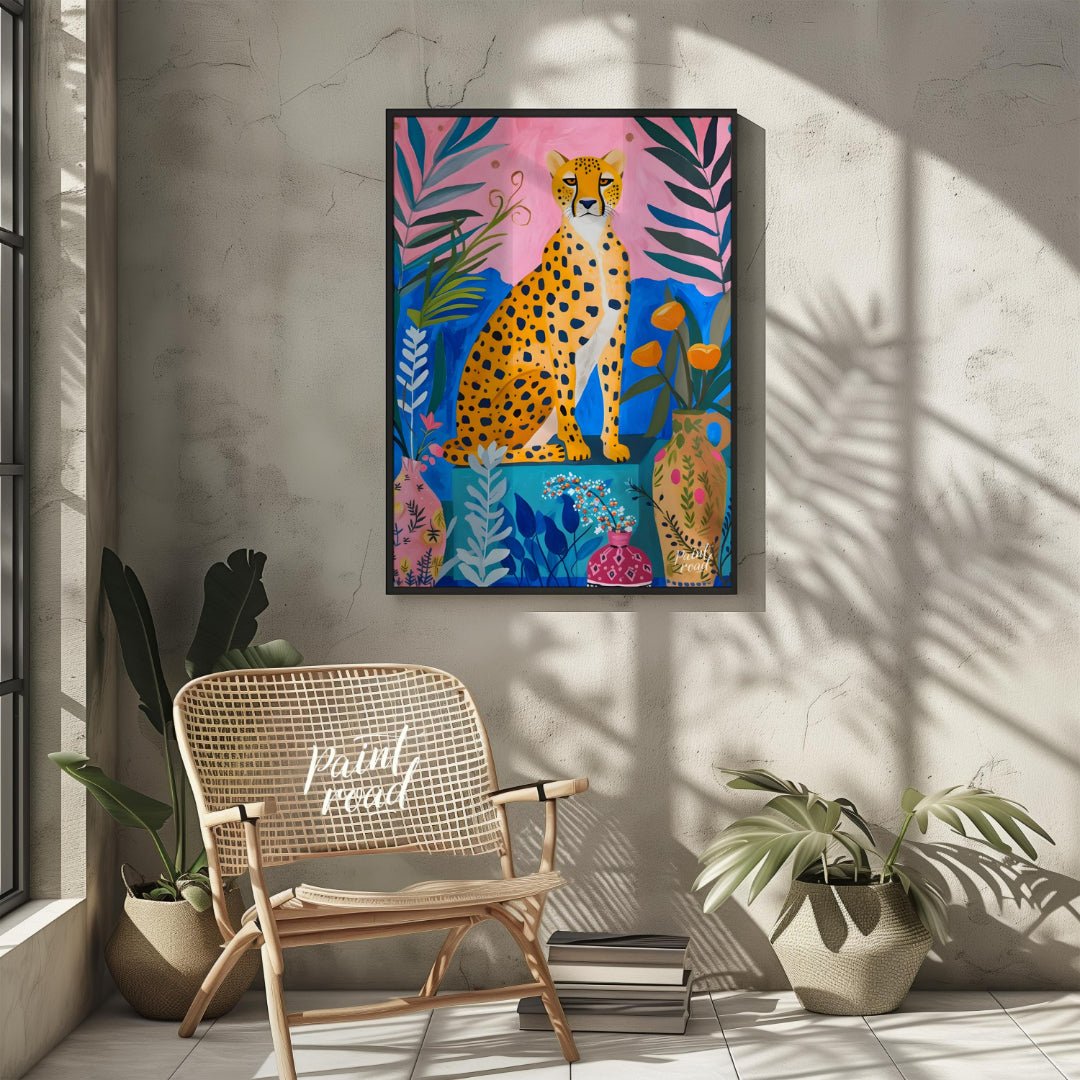 "Jungle Cheetah" presents a vibrant, stylized painting of a cheetah seated amidst lush, colorful fo… for other