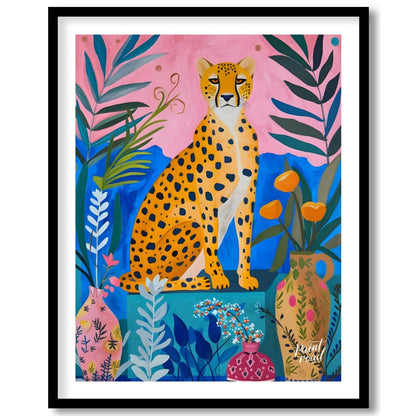 "Jungle Cheetah" presents a vibrant, stylized painting of a cheetah seated amidst lush, colorful fo… for place
