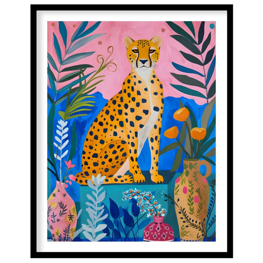 "Jungle Cheetah" presents a vibrant, stylized painting of a cheetah seated amidst lush, colorful fo… for place