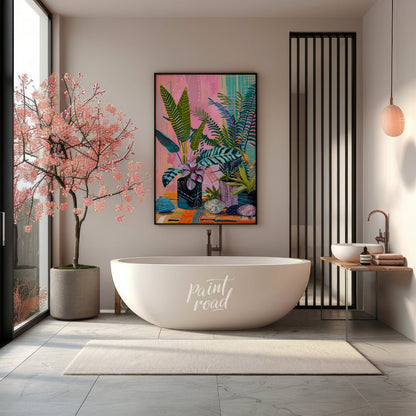 This beautiful painting bursts with vibrant color and playful patterns, showcasing a lush indoor ga… for bathroom