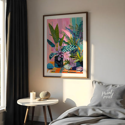 This beautiful painting bursts with vibrant color and playful patterns, showcasing a lush indoor ga… for bedroom