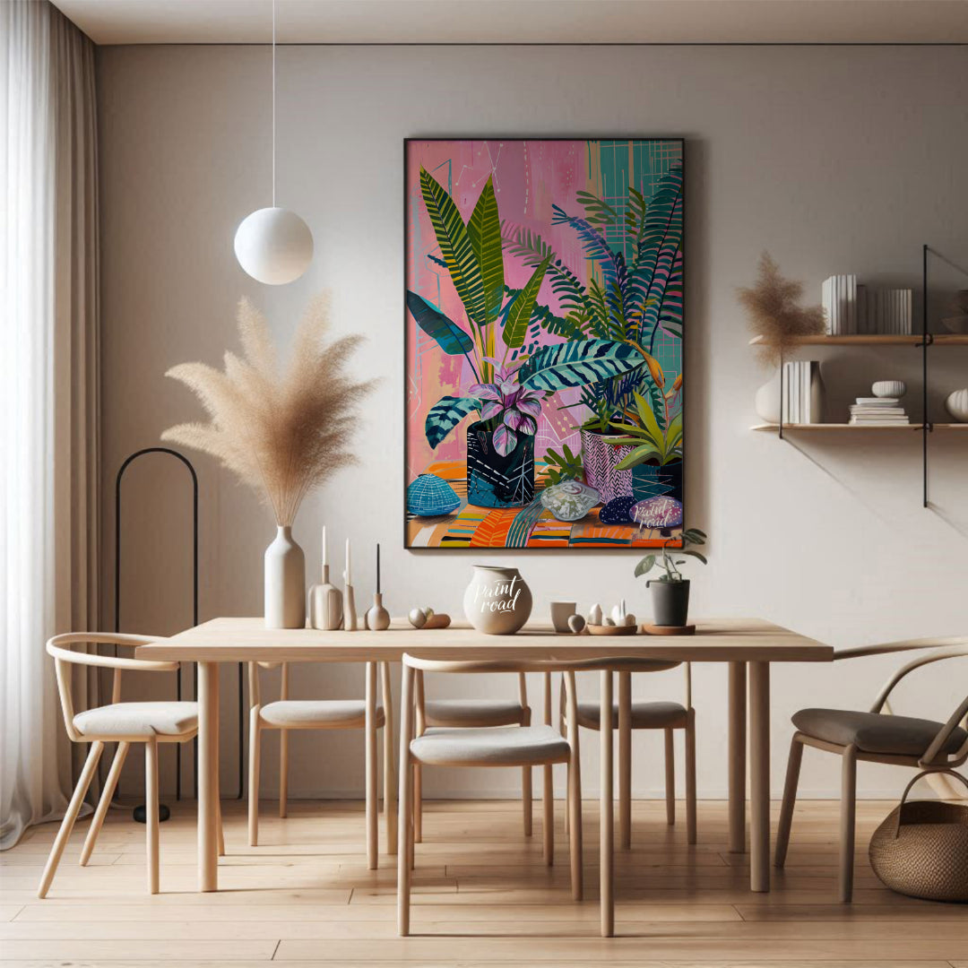 This beautiful painting bursts with vibrant color and playful patterns, showcasing a lush indoor ga… for dining room