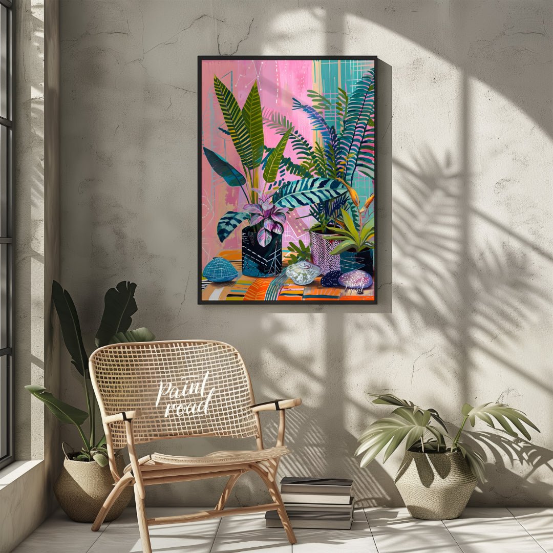 This beautiful painting bursts with vibrant color and playful patterns, showcasing a lush indoor ga… for living room