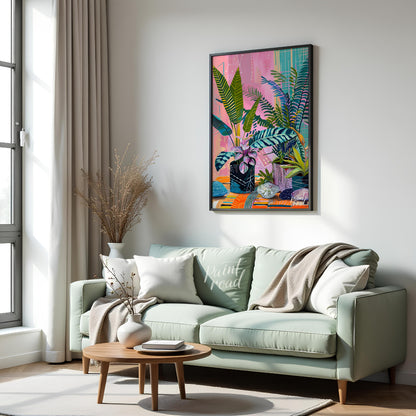 This beautiful painting bursts with vibrant color and playful patterns, showcasing a lush indoor ga… for living room