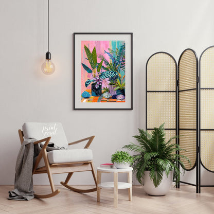 This beautiful painting bursts with vibrant color and playful patterns, showcasing a lush indoor ga… for living room